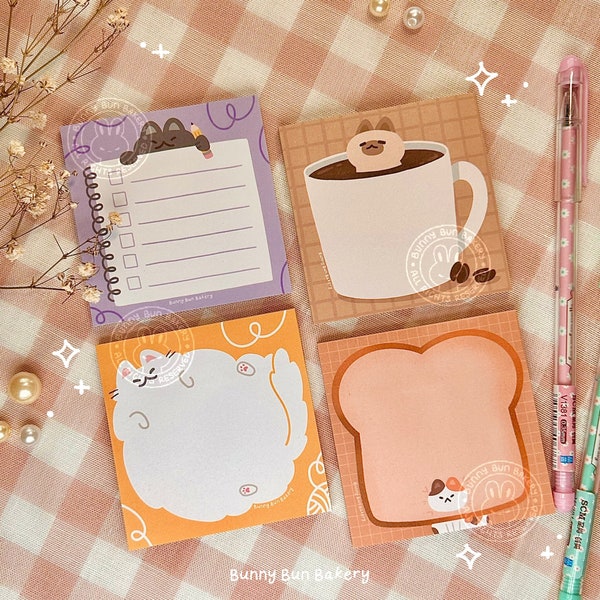 Silly Kitty Cat Sticky Notes Pads | 50 pages 3x3 inch | cute aesthetic coffee bread cuddly scribble memo pad | teacher student birthday