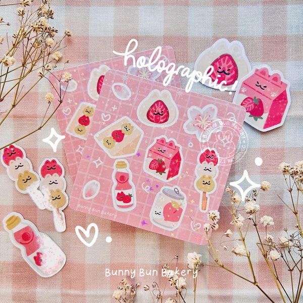 Pink Strawberry Sakura Holographic Sticker Sheet | Glossy vinyl stickers | Daily journal scrapbook laptop deco | cute funny kawaii gift