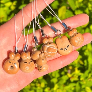 Könnte beinhalten: Eine Sammlung von sechs kleinen, hellbraunen Hasenanhängern mit schwarzen Gesichtern und weißen Kordeln. Jeder Anhänger hat ein einzigartiges Design, darunter ein Donut, ein Brötchen und ein stehender Hase. Die Anhänger werden vor einem verschwommenen grünen Hintergrund gehalten.