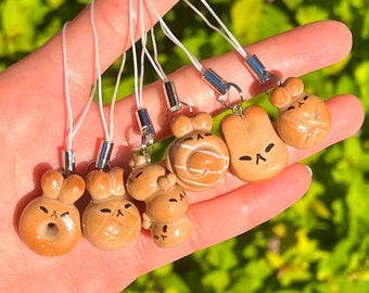 Freshly Baked Bunny Bun Phone Charms | polymer clay keychain | handmade | cute bread baguette bagel croissant buns melon | limited edition