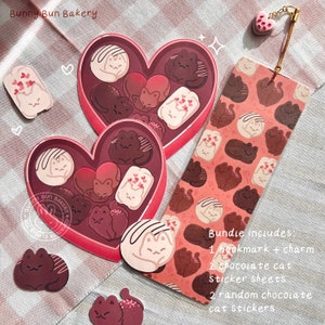 Valentine's Chocolate Cat Bookmark Sticker Sheet | handmade polymer clay keychain bookmark charm | cute kitty love heart candy stickers