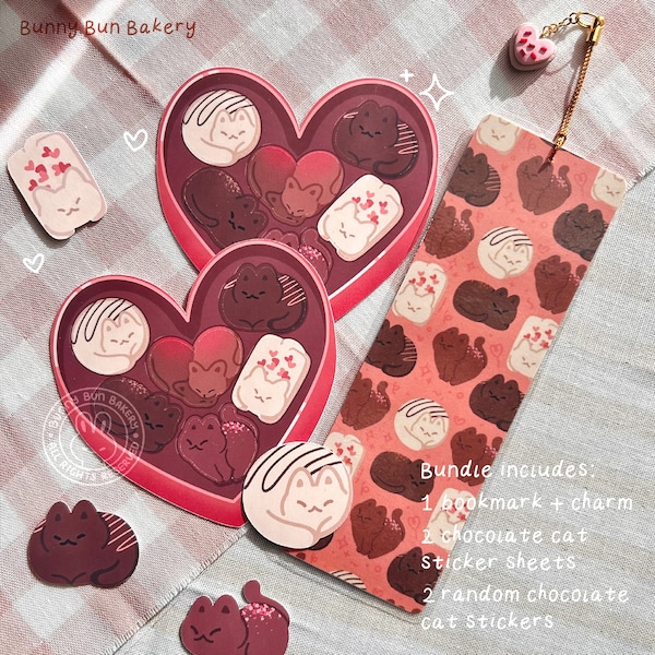 Valentine's Chocolate Cat Bookmark Sticker Sheet | handmade polymer clay keychain bookmark charm | cute kitty love heart candy stickers