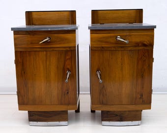 Pair of Art Deco Italian Walnut and Graphite Gray Marble Bedside Tables, 1920s