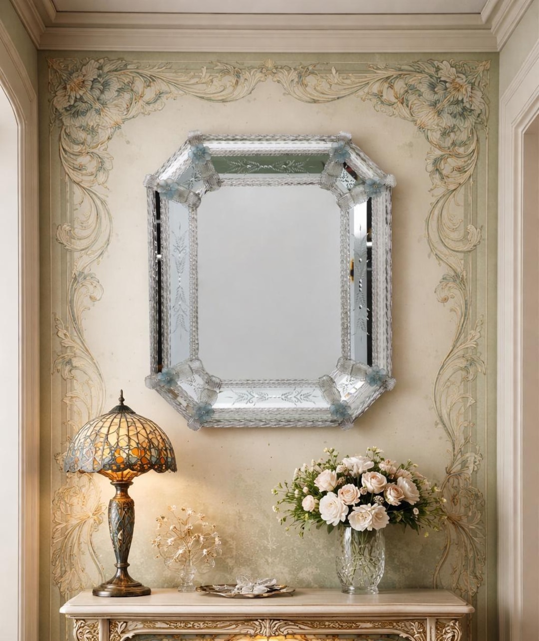 20th Century Venetian Murano Glass Flowers Octagonal Mirror - Etsy