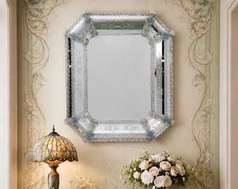 20th Century Venetian Murano Glass Flowers Octagonal Mirror