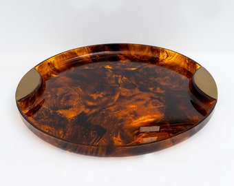 Vintage Italian Round Faux Tortoise Lucite and Brass Serving Tray from Guzzini, 1970s
