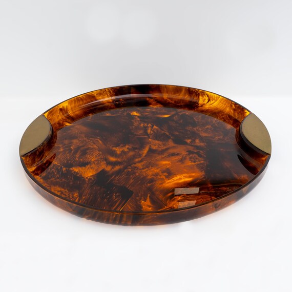 Vintage Italian Round Faux Tortoise Lucite and Brass Serving Tray