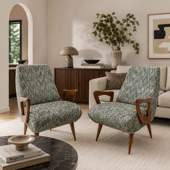Pair of Italian Mid-Century Modern Armchairs with Sculptural Wooden Arms