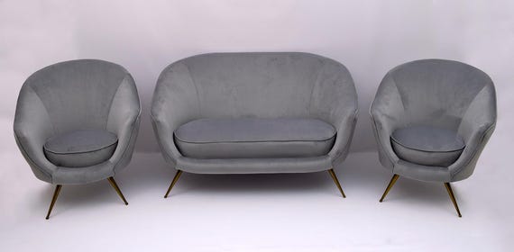 Federico Munari Mid-Century Modern Italian Curved Sofa and Two Armchairs, 1950s