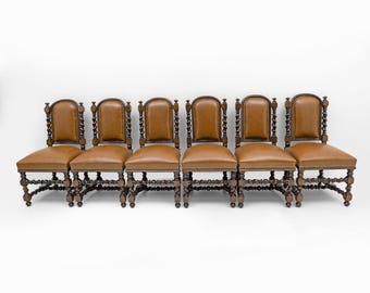 Six Antique Italian Neo-Renaissance Walnut Dining Chairs in Genuine Leather