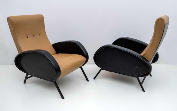 Pair of Marco Zanuso Mid-Century Modern Italian Leather Reclining Armchairs, 50s