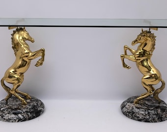 Mid-Century Modern Italian Brass Horses and Marble bases Console Table, 1970s