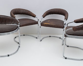 Set of four modern chrome metal dining chairs Giotto Stoppino for Kartell, 1970 Vintage