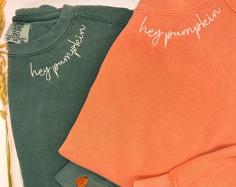 JUGENDGRÖSSE * Hey Pumpkin Besticktes Komfort Farben Sweatshirt, Herbst Rundhalsausschnitt für Frauen, Rundhalsausschnitt, Herbst Pullover