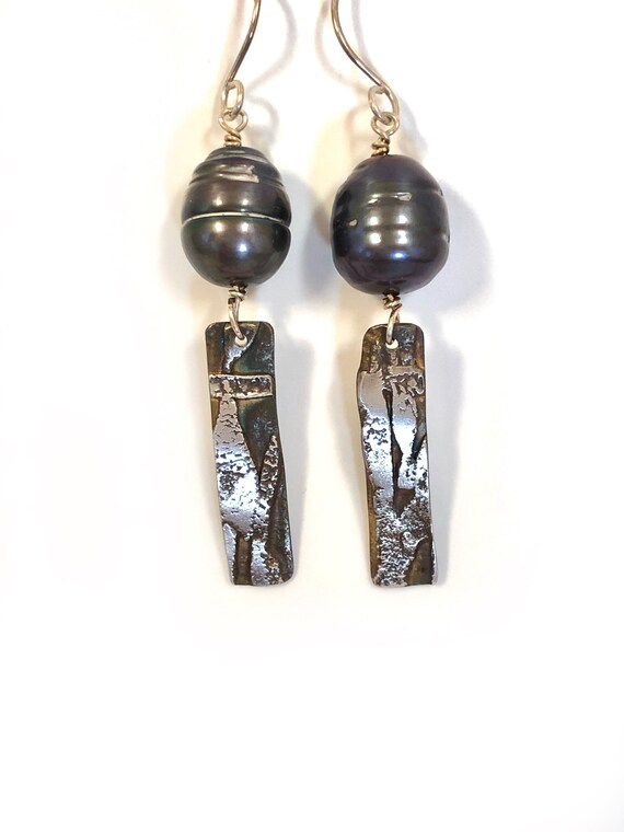 Fused Sterling and Freshwater Black Ring Pearl Dangles