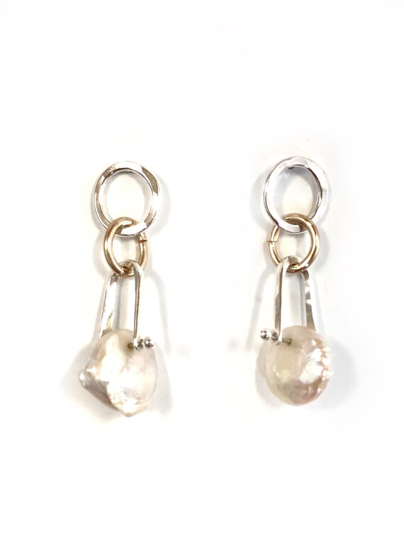 Argentium Silver, 14k Gold Filled & Pearl Dangle/Post Earrings