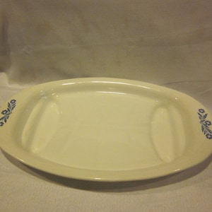 Könnte beinhalten: Eine weiße ovale Servierplatte mit zwei integrierten Serviermulden. Die Platte hat an jedem Ende ein blaues Blumenmuster.