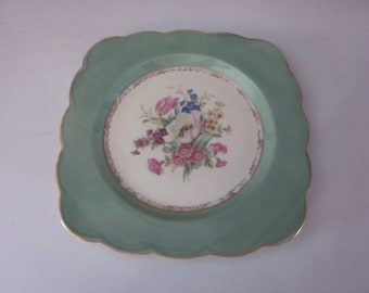Royal Bayreuth 8.5 inch square plate floral green band vintage Royal Bayreuth china dessert plate luncheon plate