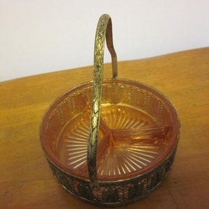 Vintage pink glass divided dish with metal caddy, divided relish dish metal glass divided dish with handle relish tray pink depression glass