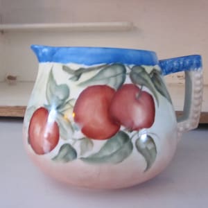 Hohenberg Ware Bavaria hand painted pitcher signed by artist apples blue cream rose Hohenberg cider pitcher milk jsg