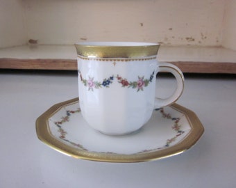 Vintage Tirschenreuth Bavaria Demitasse Cup and Saucer, Floral Gold Trim