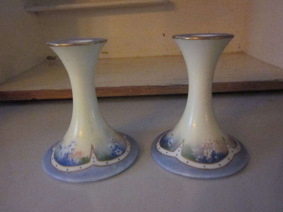 T & V Limoges Hand Painted Candle Holders Pair Antique Limoges