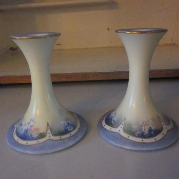 T & V Limoges hand painted candle holders pair antique Limoges candlestick holders Tressemann Vogt Limoges France home decor