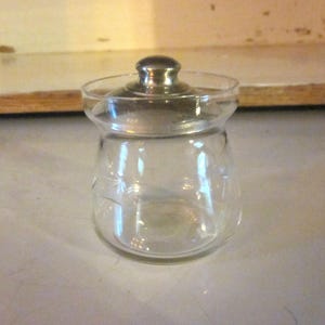 Etched glass condiment jar mustard jar sugar bowl aluminum lid vintage etched glass