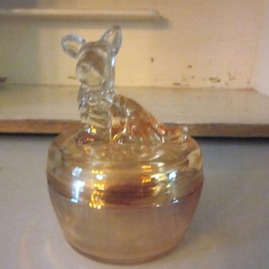 Carnival glass scottie dog powder box, dish, lidded powder box, collectible glass, jewelry trinket box, marigold glass dish