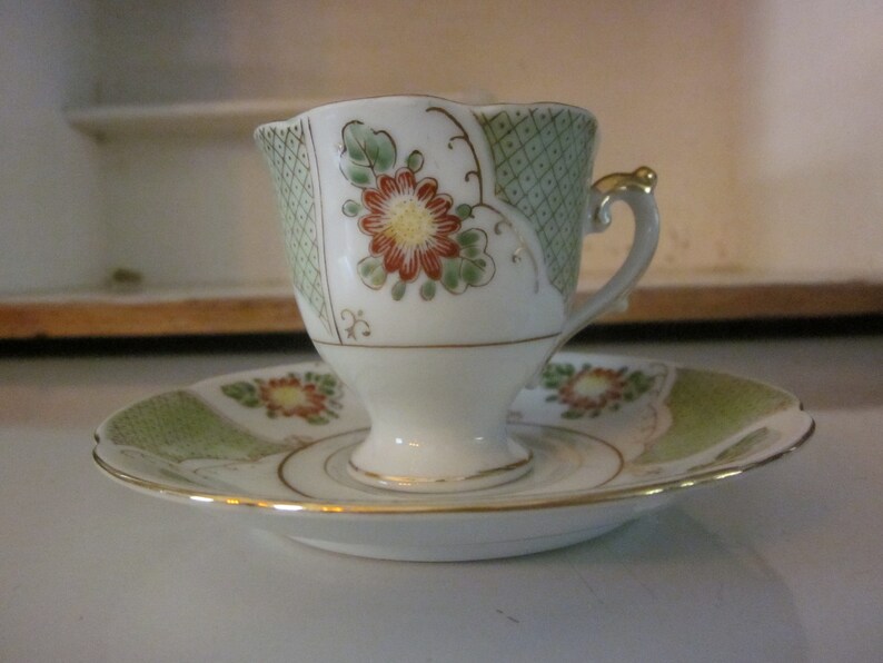 Occupied Japan Demitasse Espresso Cup and Saucer Green White Etsy