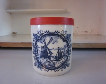 Marne Mosterd Delft style ceramic jar with cover Dutch mustard jar kitchen storage windmill Delft