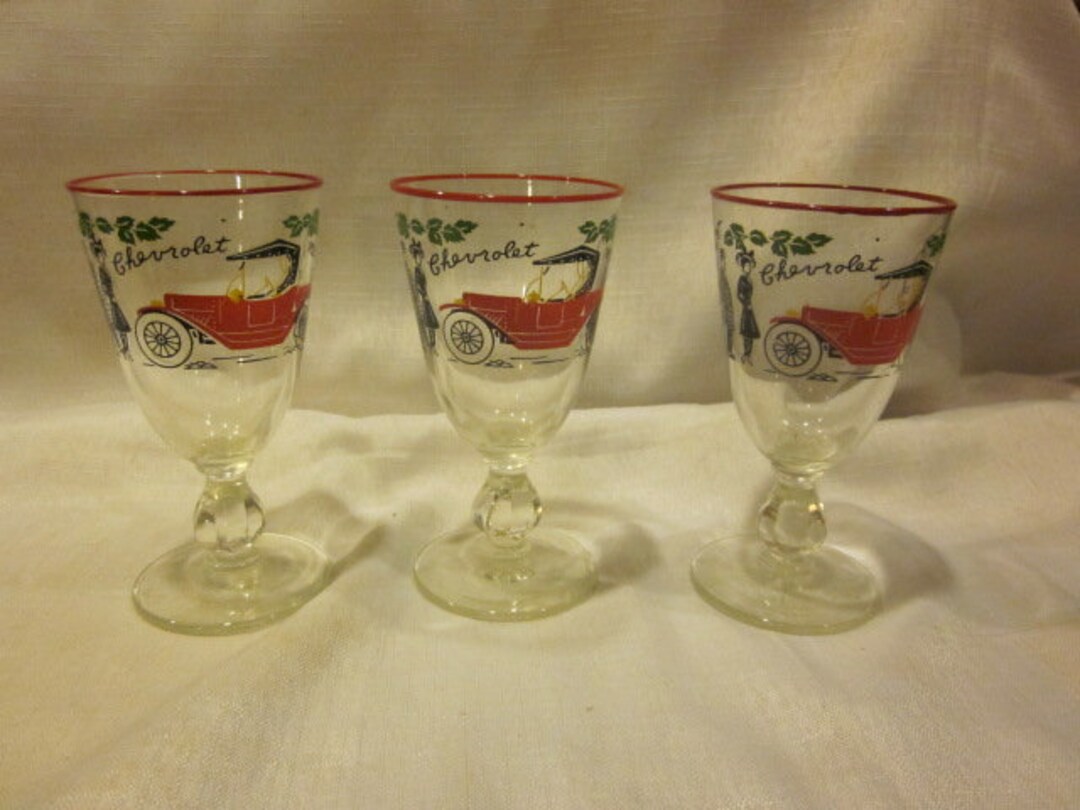 Antique 1913 Chevrolet Cordial Glasses Set of 3 Vintage Bar Man Cave