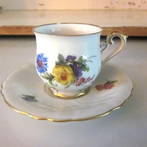 Hutschenreuther Hohenberg Germany floral demitasse espresso teacup and saucer small chip shabby chic