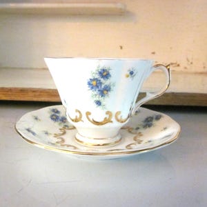 Queen Anne bone china teacup and saucer blue floral gold detail