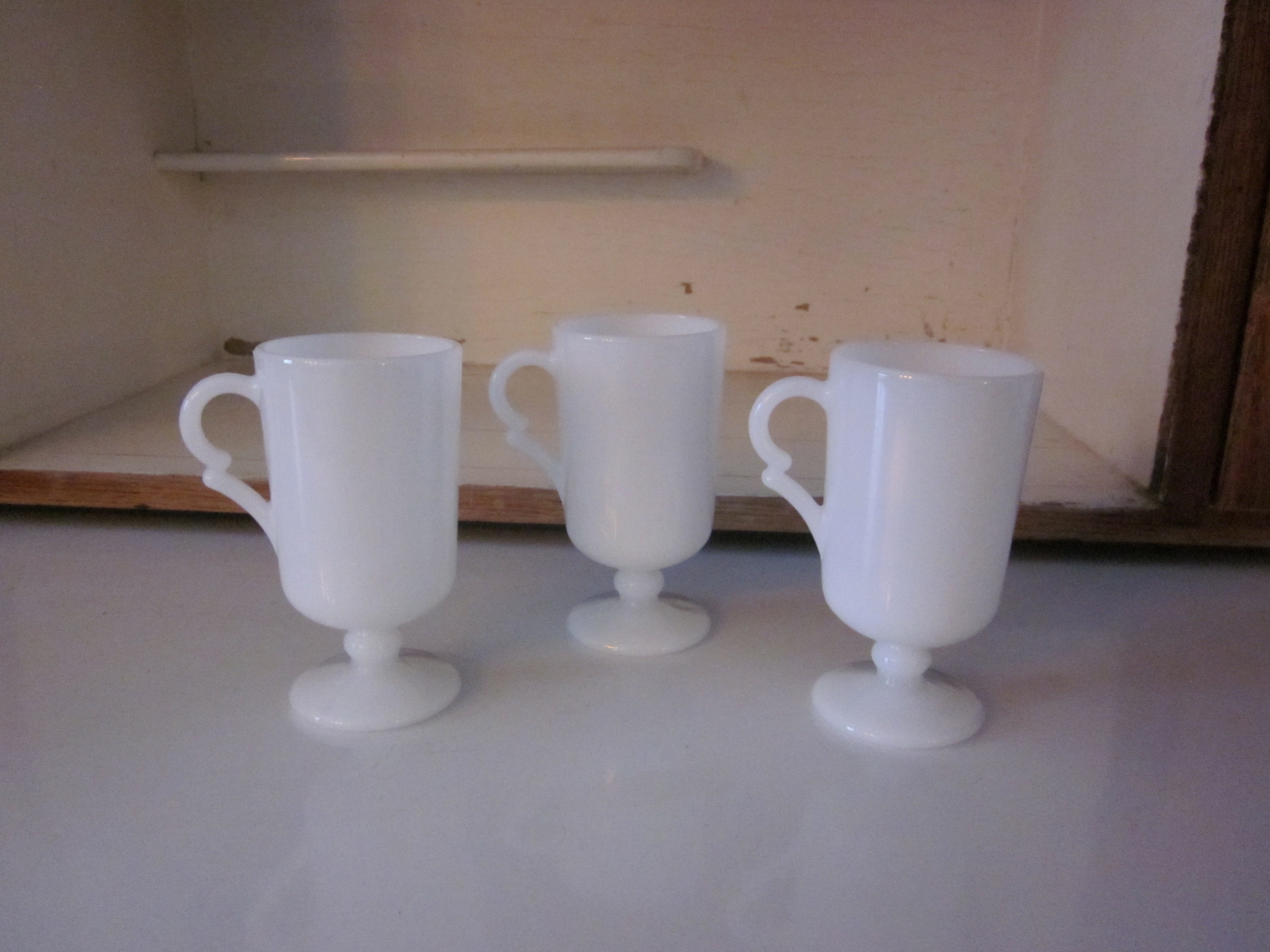 Milk Glass Irish Coffee Mugs Set of 3 Footed Milk Glass Mugs White Glass  Vintage Pedestal Mugs 