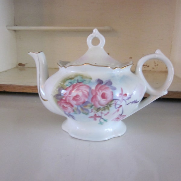 Lefton musical floral teapot Tea for Two vintage teapot pink roses greenery vintage Lefton teapot bisque finish