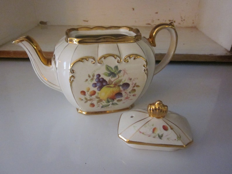 Sadler Cube Teapot Fruit Design Gold Trim Vintage Sadler Cube Etsy