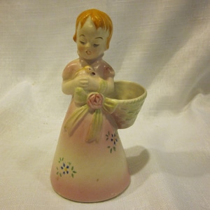 Vintage ceramic girl with basket figurine, occupied Japan, girl figurine
