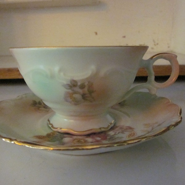 Schumann Arzberg vintage teacup and saucer Germany bisque porcelain greens floral shabby chic Schumann Arzberg teacup