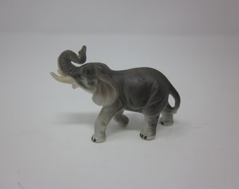 Miniature Ceramic Elephant Figurine, Raised Trunk Collectible