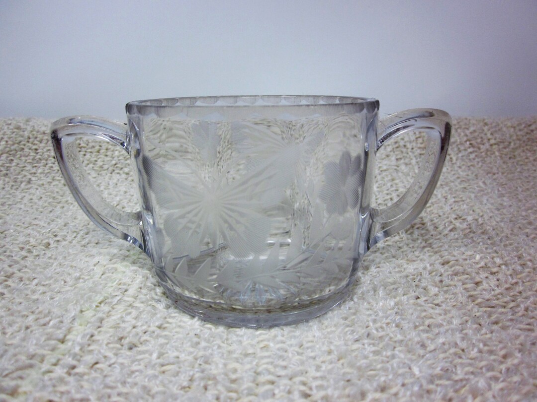 Etched Glass Sugar Bowl Butterfly Floral Pattern Vintage Glass Open Sugar Bowl Vintage Glassware