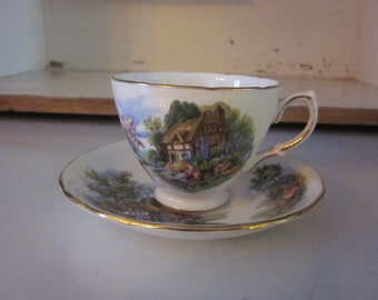 Royal Vale teacup English pastoral scene English cottage bone china made in England vintage cup and saucer