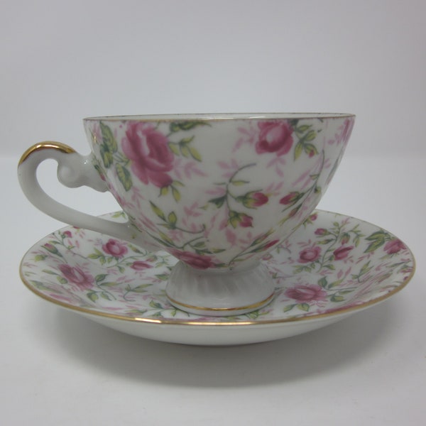 Lefton Rose Chintz footed teacup and saucer Lefton Rose Chintz demitasse vintage Lefton china shabby chic