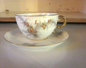 Vintage Limoges Teacup and Saucer, Floral Gilt Roses, J McD & S Boston