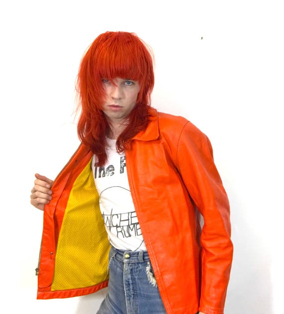 Acid Orange Real Leather Jacket with Yellow Lining