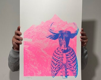 Screen Printed Neon Minotaur Poster - 'Minotaur Mountain'