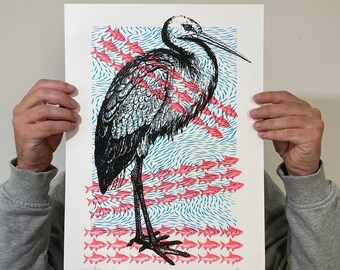 Screen Printed Poster - 'Stork By The River'