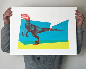 Screen Printed Dinosaur Poster - Big Red Raptor
