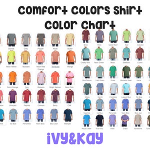 Puede incluir: Carta de colores para camisetas Comfort Colors, que muestra una variedad de colores, incluyendo blanco, gris, caqui, amarillo ne&oacute;n, naranja, rojo, azul, verde y marr&oacute;n.
