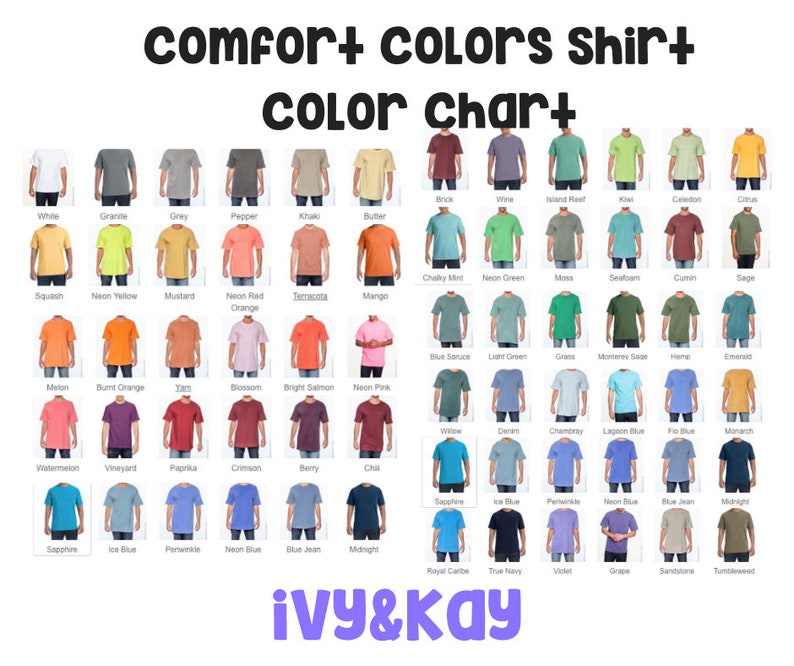 Puede incluir: Carta de colores para camisetas Comfort Colors, que muestra una variedad de colores, incluyendo blanco, gris, caqui, amarillo ne&oacute;n, naranja, rojo, azul, verde y marr&oacute;n.
